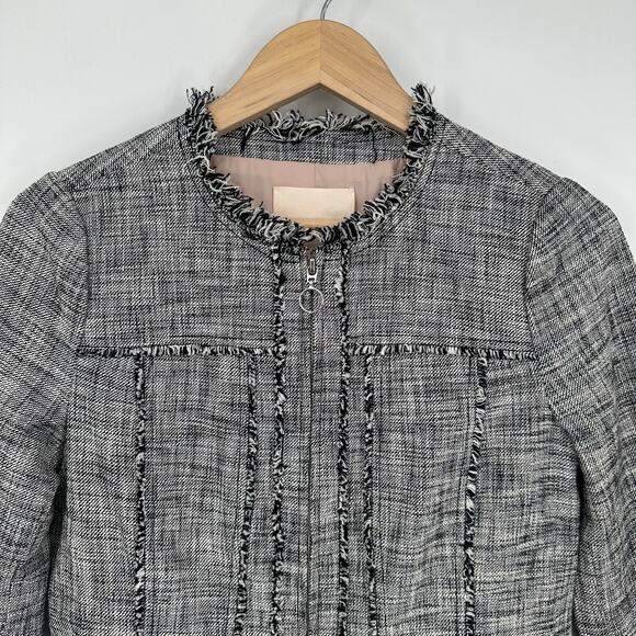 Rebecca Taylor Tweed Fringe Trim Peplum Blazer Raw Edge Trim Collarless Jacket - Picture 3 of 13